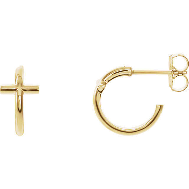 This symbol of Christianity was created from polished 14k yellow gold and features an open cross j-hoop design with a friction-back post. They are approximately 12.05mm (3/8 inch) in width by 12.13mm in length.