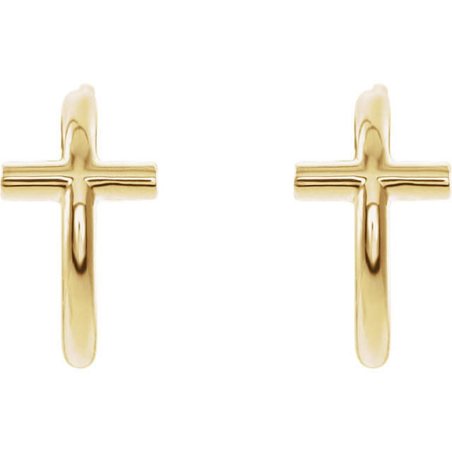 This symbol of Christianity was created from polished 14k yellow gold and features an open cross j-hoop design with a friction-back post. They are approximately 12.05mm (3/8 inch) in width by 12.13mm in length.