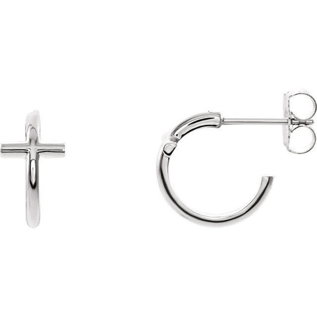 This symbol of Christianity was created from polished platinum and features an open cross j-hoop design with a friction-back post. They are approximately 12.05mm (3/8 inch) in width by 12.13mm in length.