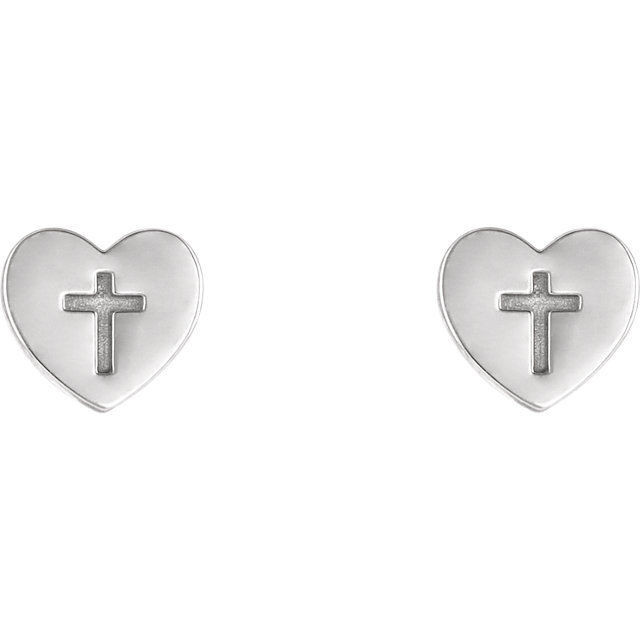 A simple but meaningful symbol of faith, was created from polished sterling silver and features a heart and cross earrings with a friction-back post. They are approximately 7.50mm in width by 7.60mm in length.