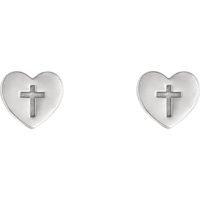 A simple but meaningful symbol of faith, was created from polished 14k white gold and features a heart and cross earrings with a friction-back post. They are approximately 7.50mm in width by 7.60mm in length.