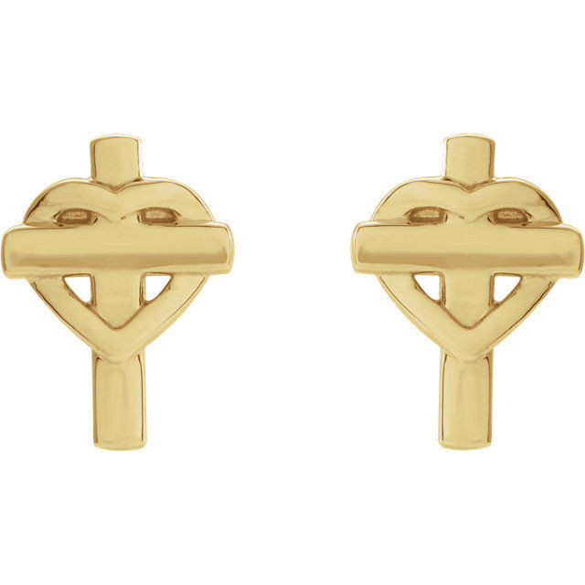 A simple but meaningful symbol of faith, was created from polished 14k yellow gold and features a heart and cross earrings with a friction-back post. They are approximately 7.55mm in width by 10.26mm in length.