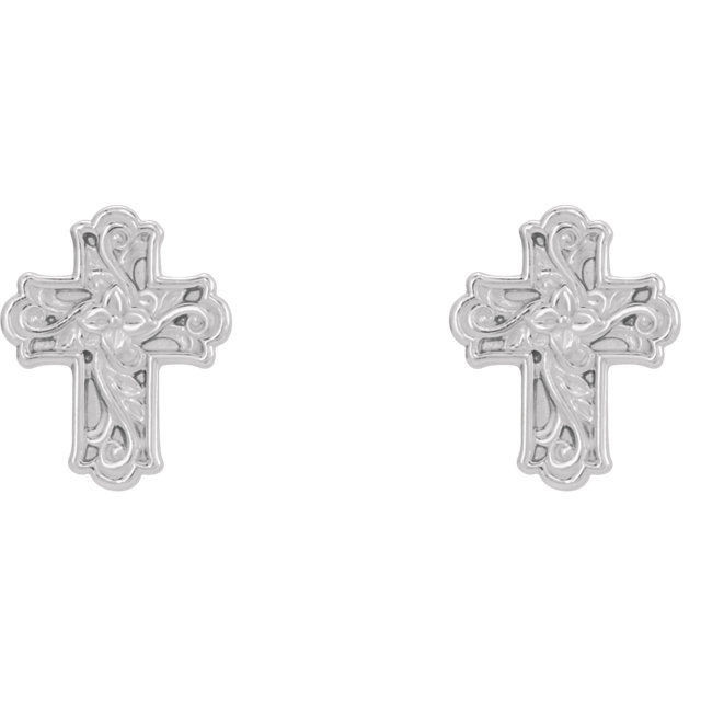 This symbol of Christianity was created from polished platinum. Floral-inspired cross earrings with a friction-back post. They are approximately 9.52mm in width by 11.75mm in length.