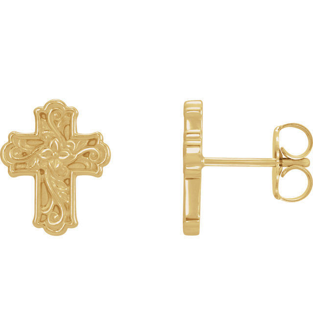 This symbol of Christianity was created from polished 14k yellow gold. Floral-inspired cross earrings with a friction-back post. They are approximately 9.52mm in width by 11.75mm in length.