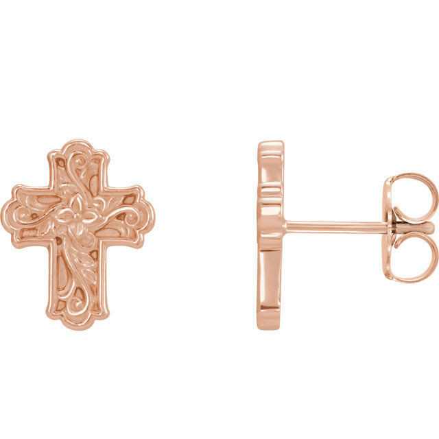 This symbol of Christianity was created from polished 14k rose gold. Floral-inspired cross earrings with a friction-back post. They are approximately 9.52mm in width by 11.75mm in length.