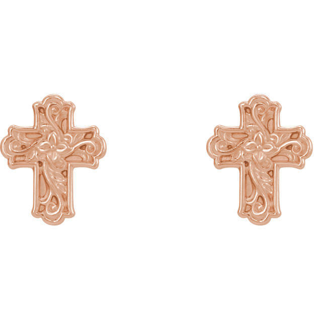 This symbol of Christianity was created from polished 14k rose gold. Floral-inspired cross earrings with a friction-back post. They are approximately 9.52mm in width by 11.75mm in length.