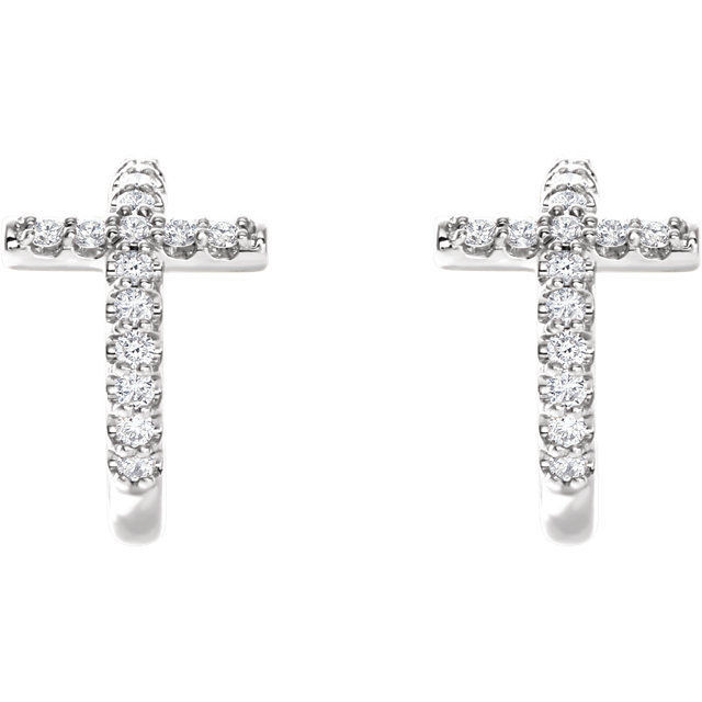 Treat the woman of faith to these dazzling diamond cross hoop earrings. Expertly crafted in 14k white gold, each hoop features a diamond-lined cross-shaped accent, a brilliant expression of her beliefs. Radiant with 1/4 ct. t.w. of diamonds and finished with a bright polished shine, these hoops secure comfortably with friction backs.