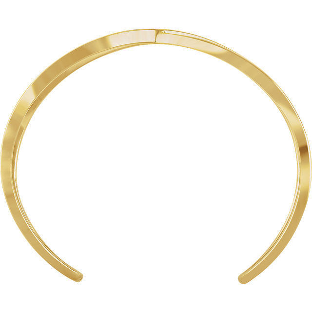 This criss cross cuff bangle bracelet is made of polished 14kt yellow gold.