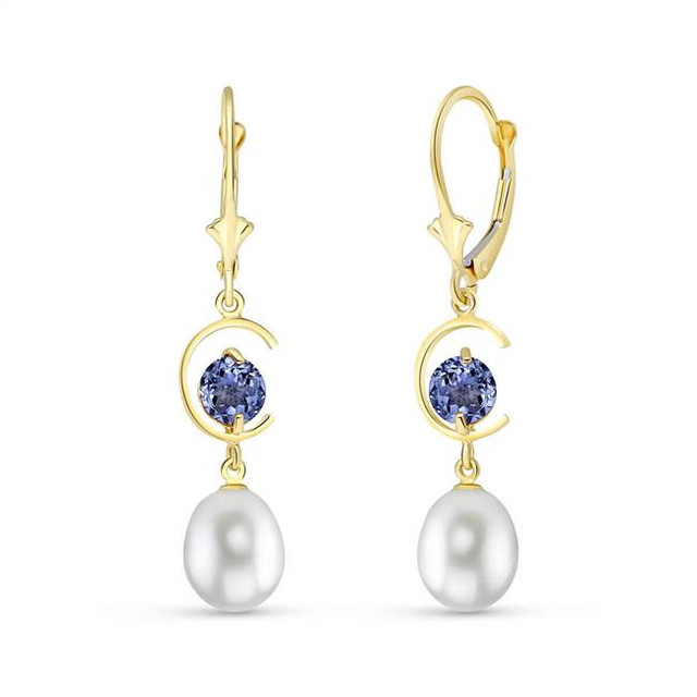 Exceptional cultured freshwater pearls drop from exotic round-shape tanzanite drop earrings fashioned in 14k gold.