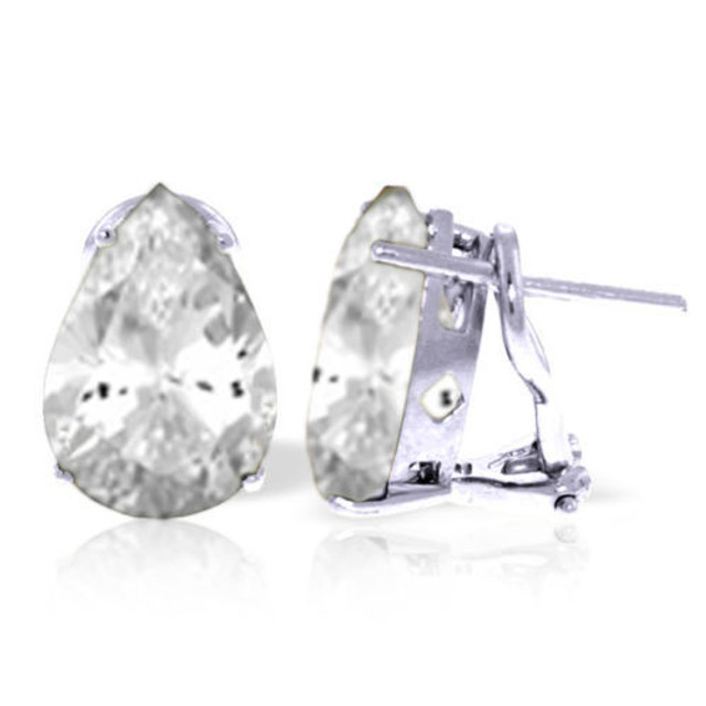 White topaz stones have the look of stunning white diamonds but are available at a fraction of the cost. These 14k gold French clip earrings with natural white topaz use this stone combined with 14k yellow, white, or rose gold to create classic earrings that look perfect with anything. Two pear cut solitaires make up each pair, with a total carat weight of ten carats for plenty of dazzling bright sparkle. The settings, posts, and clips are made of 14k gold for beauty and durability. Elegant French clips give these earrings a more stylish and sophisticated look to dress them up.