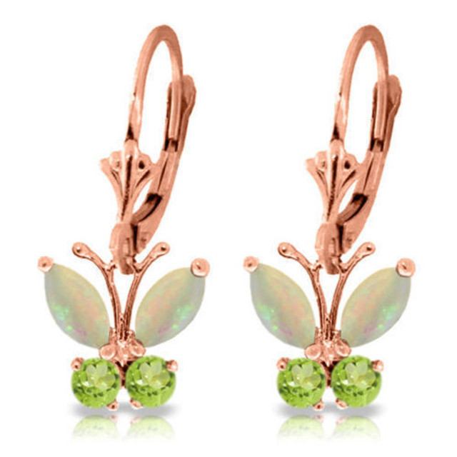 Make her float on air when presenting your loved one with these 14k gold butterfly earrings with opals and peridot. These amazing earrings look classy when made of high quality 14k yellow, white, or rose gold and genuine gemstones, but their fun shape makes them cute enough to wear anytime. Four marquise cut opals total one full carat, showing off the rainbow effects of this unique stone. Four round cut peridot stones show off their own brilliant color while helping to form the bodies of two perfect butterflies. Leverbacks allow these earrings to move beautifully whenever they are worn.