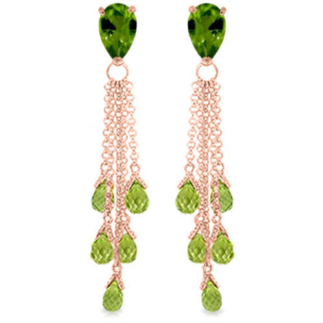 These fabulous earrings will make anyone green with envy when they see the dazzling sparkle that they produce. Two pear shaped natural peridot stones hug the ears with 3.50 carats of shimmer on these 14k gold chandelier earrings with briolette peridot. Those who love this beautiful green stone will adore the additional twelve carats of glamorous briolette shaped stones that dangle elegantly from delicate white gold chains, producing lots of movement for a piece of jewelry that offers a fun look for any ensemble.