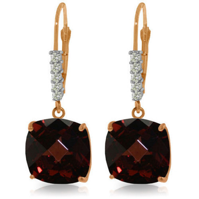 These 14k gold leverback earrings with natural diamonds and garnets take any look from bland to amazing in a way that is both easy and fun to wear. The dramatic look of natural garnets is made more striking with a cushion cut that perfectly shows off the beauty of each stone, which weigh a total of 9.0 carats per pair. Beautiful natural diamonds placed perfectly on each setting enhance the beauty of each dangling stone, with a total of ten genuine diamonds gracing each pair. The leverback settings are made in yellow, white, or rose gold and add just the right touch of glamor to these amazing earrings.