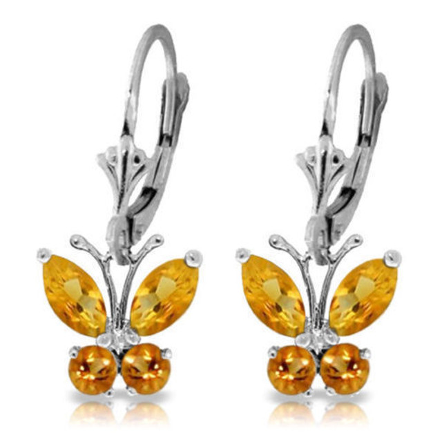 Always watch the butterflies in flight when you wear these 14k gold butterfly earrings with citrine. The dangling style of these beautiful earrings give the butterflies movement, making an amazing effect when worn. Four marquise cut and four round cut citrine gemstones make up each pair, forming the body and wings of a pretty butterfly. The high quality 14k gold and over one carat of warm, glowing citrine make these earrings a winner. The gold leverbacks are comfortable and stylish, allowing movement with this stunning piece of jewelry. These earrings make a cute gift for anyone born in November.