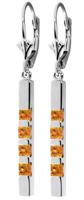 The stunning luxury of gold is given a modern look with these 14k gold leverback bar earrings with natural citrine. This super stylish earrings look amazing when dangling over one and a half inches from the earlobes. The rich glamor of gold, available in 14k yellow, white, or rose gold, is prominently displayed with the unique design. Eight princess cut stones stud the surfaces of these amazing earrings, with .70 carats of beautiful sparkle to behold. These earrings feature comfortable leverbacks that add function to these sophisticated and luxurious earrings that are perfect for those who love to stand out.