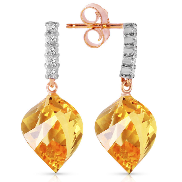 Citrine is said to have stolen the sun's glow. This truly exquisite twisted Briolette Citrine and round diamonds will enhance a woman'ts face with an instant glow! You will be taken with these incredible 1.07 inch 14K drop earrings; they have secure posts and come in white, yellow and rose gold. The 10 round diamonds are intricately set that they won't stop shining. Weighing a total of 23.50 Carats, the Citrine will outshine anything. Wear a golden sunset on your neck and remind yourself how special and unique you are!
