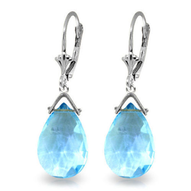 Brilliant blues are perfectly displayed on this pair of 14k gold leverback earrings with briolette blue topaz. These earrings, at 1.3 inches in length, are just the right length for movement while still being subtle enough to wear even with casual apparel. Gold leverbacks and settings are available in your choice of yellow, white, or rose gold, and are used to dangle two beautiful and unique briolette cut blue topaz stones, which weigh an amazing 10.20 carats for plenty of sparkle. These earrings have a subtle beauty that glows with the amazing color of blue topaz, the stunning birthstone for the month of December.