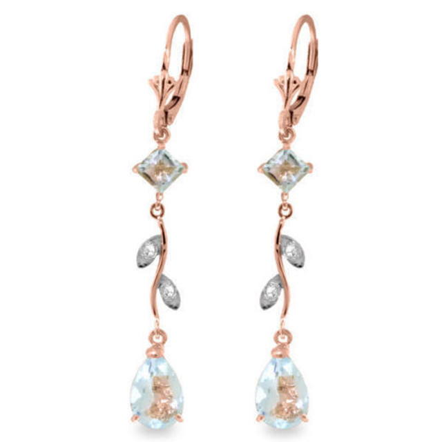  The soft and beautiful hue of aquamarine looks beautiful when paired with sparkling white diamonds. These 14k gold chandelier earrings with natural diamonds and aquamarine use these two stones to create a stunning cascading effect. Two square shaped and two pear shaped aquamarine stones add almost four carats of shining beauty to these beautiful earrings, which are offset by four round cut diamonds. The rose gold leverbacks make these gorgeous earrings secure and comfortable to wear for any special occasion.