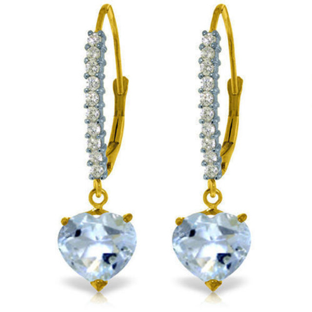  If you are looking for the perfect earrings for special occasions, then these 14 K. Solid Gold Lever Back Earrings with natural Diamonds & Aquamarine are a superb choice. These earrings come in white, yellow or rose gold. Wearing these earrings to a quincenera, a ballroom dance or a dinner date will certainly get you noticed.


These special earrings are made with delicate diamonds, 20 of them specifically. Two heart shaped aquamarines hang from the ends of these earrings, making them the perfect dangling piece to wear if you want the stones to twinkle in the light.