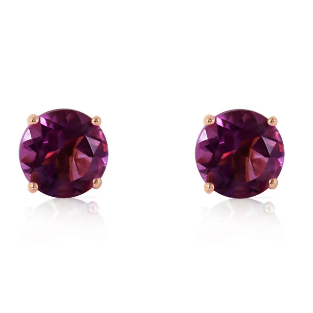 Solitaire studs are one of the most popular styles of earrings that are a simple way to look stylish and beautiful. These 14k rose gold stud earrings with natural amethyst are easy to wear and appropriate to wear at any time. With a 3.10 carat combined weight, these stunning gems are large enough to attract attention without being overwhelming. The bold purple color of these stones also help them to stand out as a stunning pair of earrings that are perfect for any occasion.
