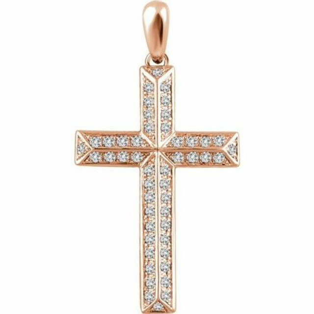 Inspiring and eye-catching, this brilliant diamond pendant showcases beautiful 14k rose gold and measures 35.7x19.10 mm. This simple cross has rich round full-cut genuine diamonds measuring 1/2 ct. tw. and has a bright polish to shine. 