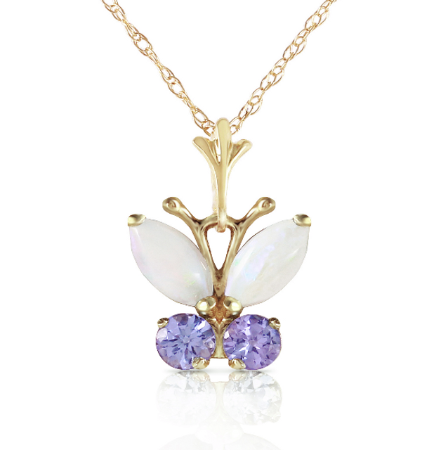  Make that special someone's heart soar when she sets eyes upon this amazing 14k yellow gold butterfly necklace with opals and tanzanites. This necklace is cute and understated, but still makes a statement with the bold use of gorgeous natural gemstones. Two delicate wings are made from marquise cut opals, while the rest of the butterfly is made of two round cut tanzanite stones, both gems offering plenty of sparkle to make this piece really outshine the rest. The illusion of a fluttering butterfly is completed when dangled from an 18 inch white gold rope chain.