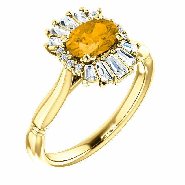 Crafted in 14k yellow gold, this ring features one oval Genuine Citrine gemstone accented with 18 genuine diamonds. 