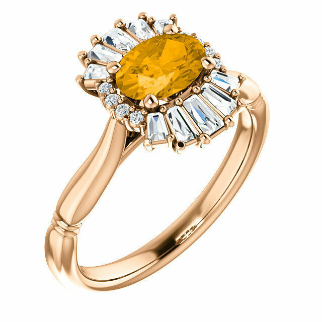 Crafted in 14k rose gold, this ring features one oval Genuine Citrine gemstone accented with 18 genuine diamonds. 