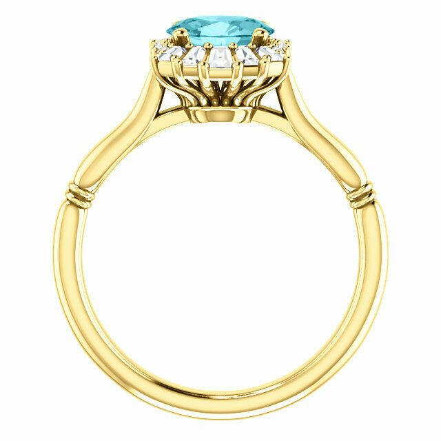 Crafted in 14k yellow gold, this ring features one oval Genuine Blue Zircon gemstone accented with 18 genuine diamonds. 