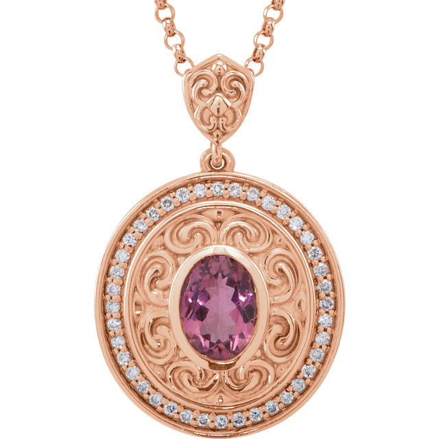 A Beautiful Bezel Set 8.00 x 6.00 mm Pink Tourmaline Gemstone is Surrounded by Finely Wrought 14k Rose Gold Scroll Designs in This Medallion Pendant. 40 Inlaid Diamonds Create a Stunning Halo Frame.
