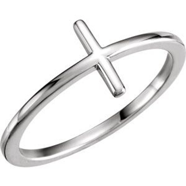 A lovely expression of faith, this ring proclaims deep and heartfelt devotion. Finely crafted in sterling silver, this ring features a traditional cross turned on its side and centered along the polished shank. A meaningful look, this ring is finished with a bright polished to shine.