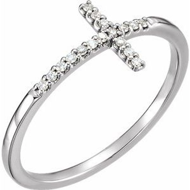 Featuring seventeen round-cut diamonds, this sterling silver sideways cross ring is a dazzling way to showcase your faith.