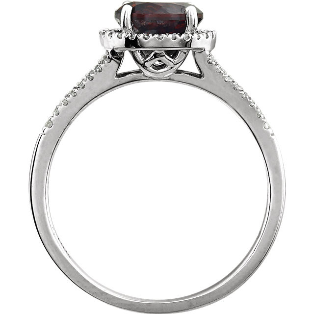 Beautiful Halo-style Gemstone Ring in 14K White Gold featuring a Natural Garnet Gemstone & Diamonds. The ring consist of 1 Round Shape, 7.0 mm, Garnet Gemstone with 56 Accent genuine Diamonds. This ring is both Elegant and Classic - Perfect for everyday. The inherent beauty of these gems make this an ideal way for you to show your love to someone you care for.