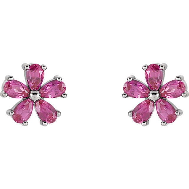 An alluring lab-created pink sapphire makes a vibrant statement in each of these stylish earrings for her. Crafted in 14K white gold, These fine jewelry earrings are secured with friction backs. 