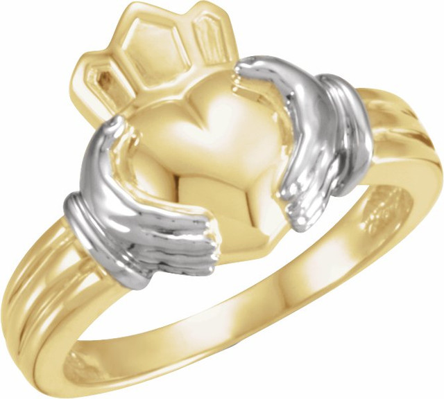 The Claddagh: the crown represents loyalty, the heart represents love, and the hands represent friendship. It is widely known as a symbol for great friendship. This ancient Gaelic design is also used in engagement rings and in traditional wedding rings for the irish. If worn on the right hand with the heart facing out it means you are single, facing in means you are dating someone. If worn on the left hand with the heart facing out it means you are engaged and facing in you are married.