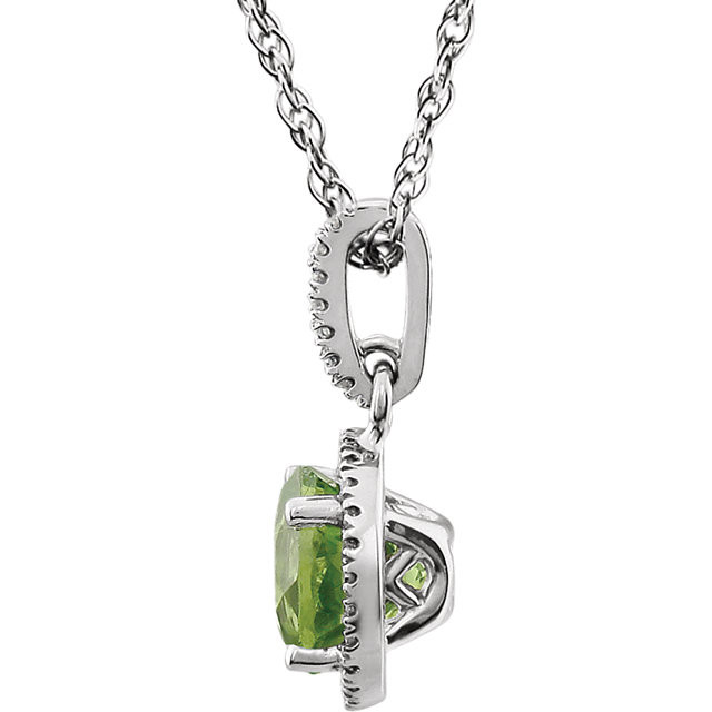 Peridot and Diamond 14k White Gold Halo-Styled 18" inch Birthstone Pendant Necklace. A 7.0mm Genuine Round Peridot is surrounded by 1/10 ct.tw. of Sparkling Genuine Round Diamonds.