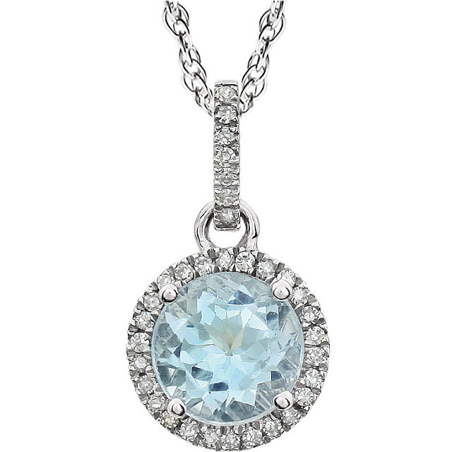 Sky Blue Topaz and Diamond 14k White Gold Halo-Styled 18" inch Birthstone Pendant Necklace. A 7.0mm Genuine Round Blue Toapz is surrounded by 1/10 ct.tw. of Sparkling Genuine Round Diamonds.