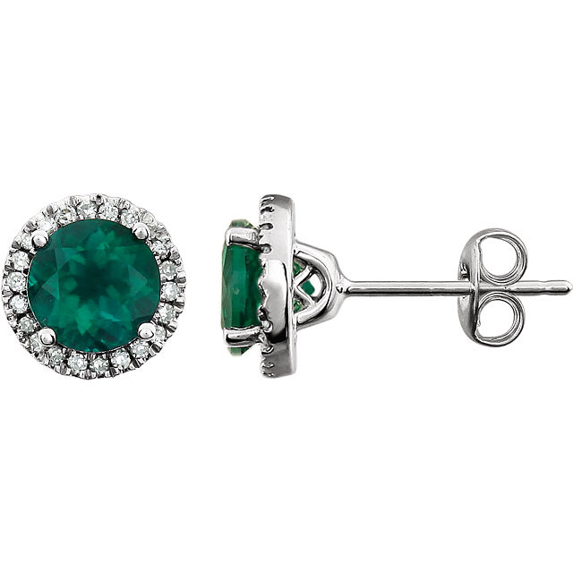 A beautiful crafted 14k white gold 1/8 ct. tw. diamond & 6mm emerald friction post stud May birthstone earrings. Emerald is the birthstone for May representing the symbol of rebirth and is believed to grant good luck and youth. Emerald is derived from the word smaragdus, meaning green in Greek and was mined in Egypt as early as 330 B.C. Most of the world’s emeralds are mined in Colombia, Brazil, Afghanistan, and Zambia today.