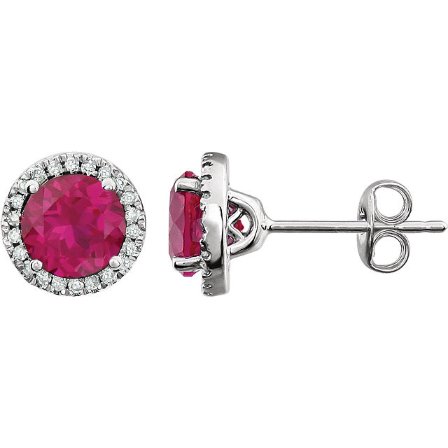 A beautiful crafted 14k white 1/8 ct tw diamond & 6mm ruby friction post stud July birthstone earrings. Demonstrate your love by giving a ruby in celebration of a July birthday. Rubies heighten the senses, awaken the imagination, and are said to guarantee success in love. Ruby is a variety of the gems species corundum. It is the second hardest natural gemstone except diamond and is more that durable enough for everyday wear. A quality ruby is extremely rare, and the color of the gem is most important to its value. This is also available with different gemstones upon request. Please contact us if you have any questions. 