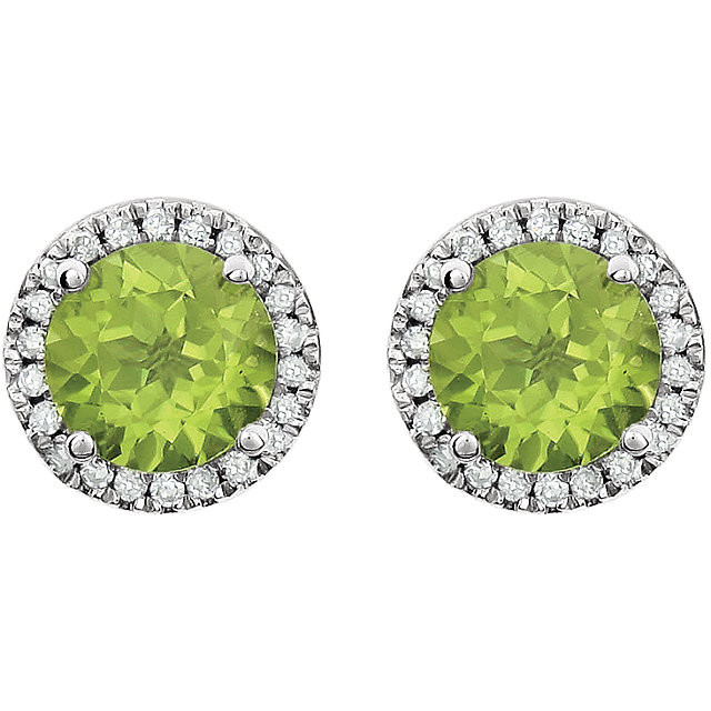 A beautiful crafted 14k white 1/8 ct tw diamond & 6mm peridot friction post stud August birthstone earrings. Peridot is the birthstone of August and is believed to have healing properties to protect against nightmares and help acquire power, influence, and success. 