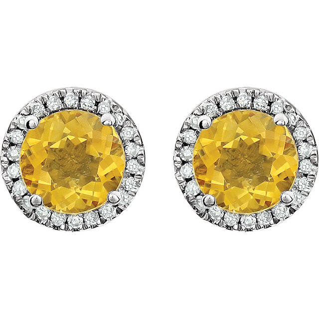 A beautiful crafted 14k white 1/8 ct tw diamond & 6mm citrine friction post stud November birthstone earrings. Citrine is one of two birthstones for the month of November and is said to support vitality and health while encouraging and guiding hope, energy and warmth within the wearer. Citrine can be found in a variety of shades ranging from pastel yellow to dark brownish orange. Citrine is found most frequently in Brazil, Bolivia, and Spain.