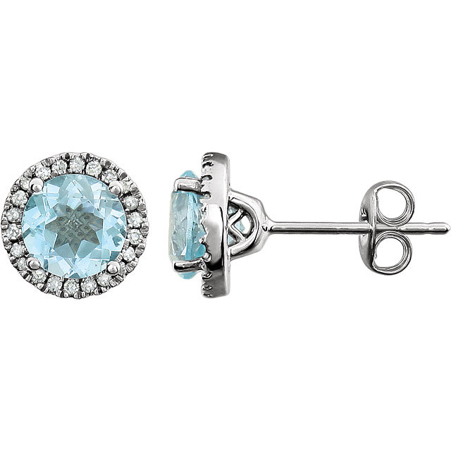 A beautiful crafted 14k white 1/8 ct tw diamond & 6mm blue topaz friction post stud december birthstone earrings. Topaz is one of two birthstones for the month of December and is available in a rich rainbow of colors.