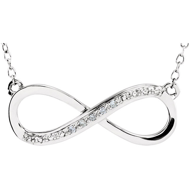 Simple 14k white gold diamond infinity necklace. Diamonds are an accent in this necklace design, they total .07ct tw. Wonderfully symbolic design means forever, what a loving gift.