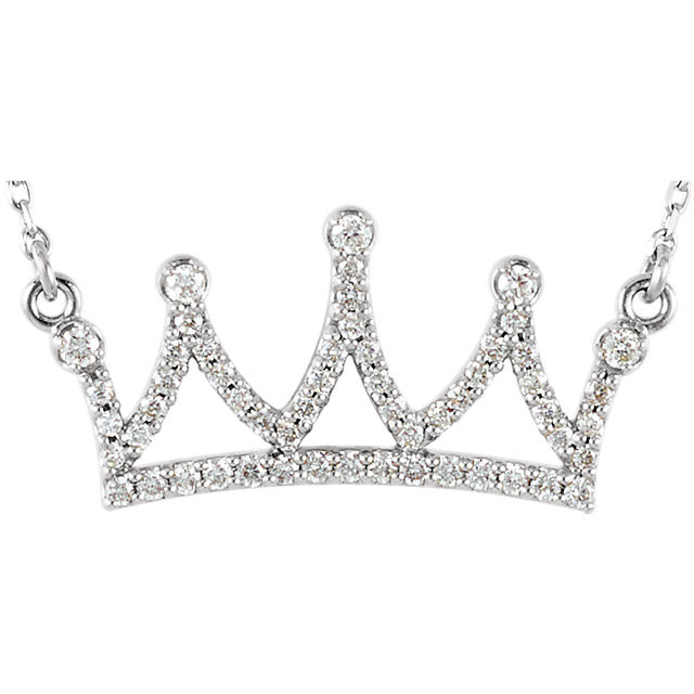Simple 14k white gold diamond petite crown necklace. Diamonds are an accent in this necklace design, they total 1/5 ct. tw. The pendant is suspended from a 16.45-inch solid cable chain that fastens with spring ring clasp.
