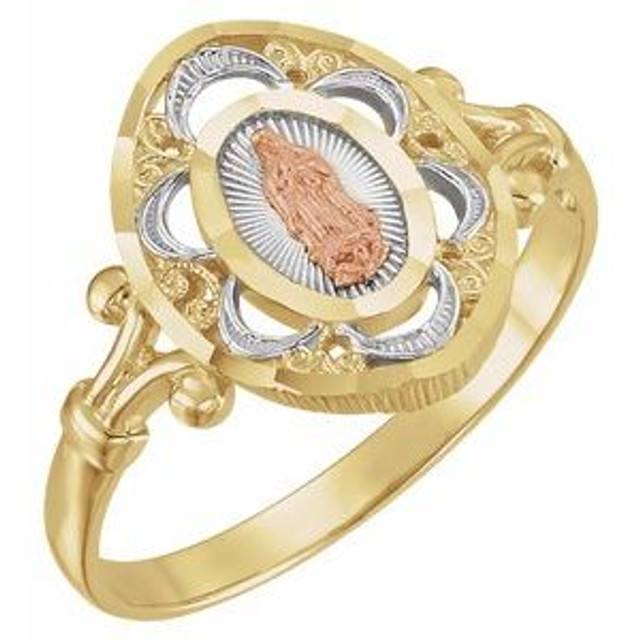 Celebrate faith and heritage with this stylish fashion ring. Crafted in 14K two-toned gold, this ring is centered with a medallion that features the Our Lady of Guadalupe icon in precious rose gold. A meaningful look she's certain to adore, this ring is finished with a polished shine.