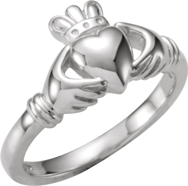 This traditional Irish symbol represents love for the heart, friendship for the hands, and loyalty for the crown. This traditional Claddagh ring is set in polished sterling silver.