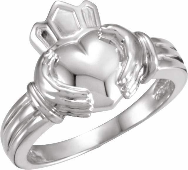 The Claddagh: the crown represents loyalty, the heart represents love, and the hands represent friendship. It is widely known as a symbol for great friendship. This ancient Gaelic design is also used in engagement rings and in traditional wedding rings for the irish. If worn on the right hand with the heart facing out it means you are single, facing in means you are dating someone. If worn on the left hand with the heart facing out it means you are engaged and facing in you are married.