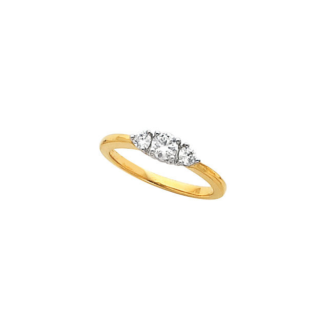 Honor the woman you love with an engagement ring that sparkles like her smile. Fashioned in 18K Yellow Gold/Platinum this engagement ring is set in three genuine full-cut round diamonds. Glistening with 3/8 ct. t.w. of diamonds and a bright polished shine, this ring is a brilliant beginning a lifetime of love. 