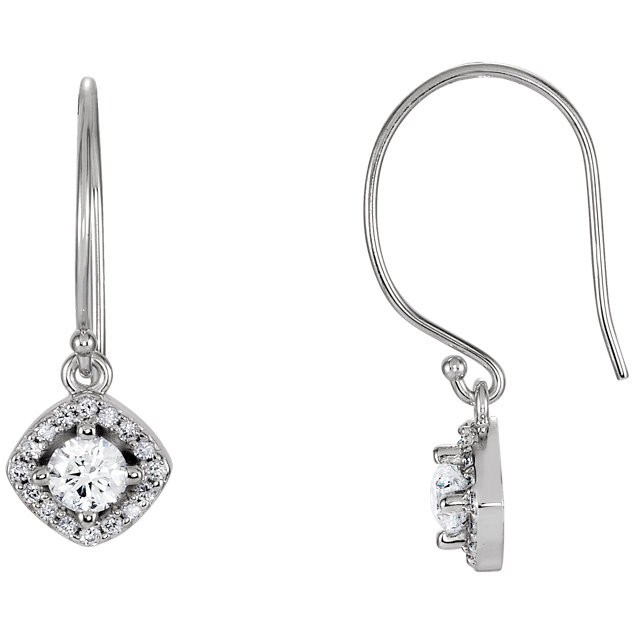 Take her breath away with these diamond halo-styled dangle earrings with a cushion frame. Fashioned in 14K white gold, each earring showcases a 4.00mm round full cut diamond and boasting a color rank of G-H and clarity of I1.