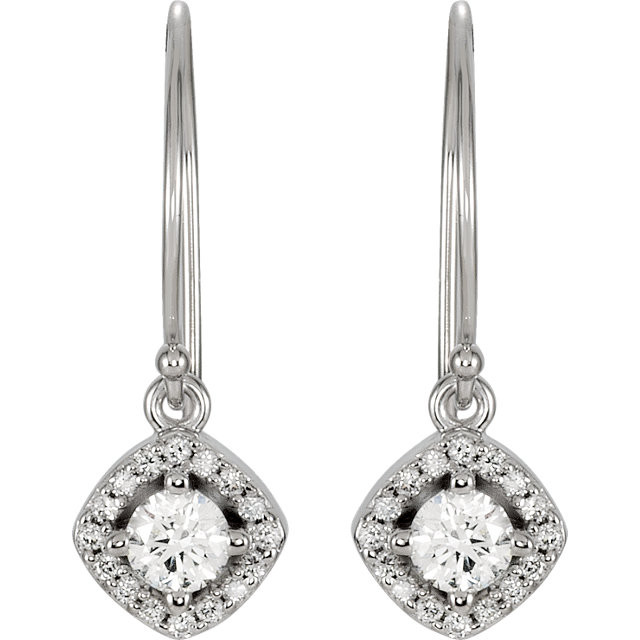 Take her breath away with these diamond halo-styled dangle earrings with a cushion frame. Fashioned in 14K white gold, each earring showcases a 4.00mm round full cut diamond and boasting a color rank of G-H and clarity of I1.